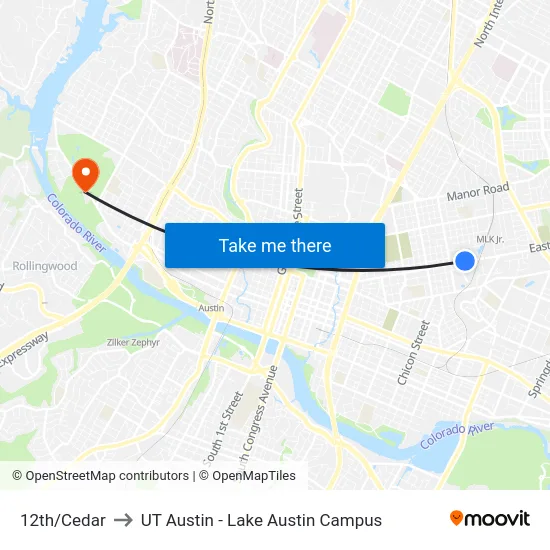 12th/Cedar to UT Austin - Lake Austin Campus map