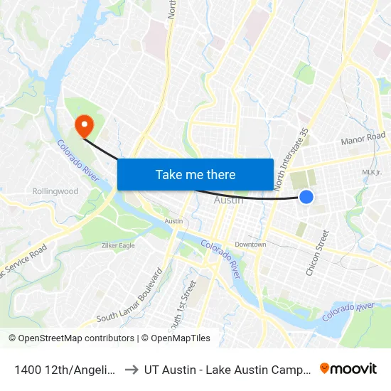 1400 12th/Angelina to UT Austin - Lake Austin Campus map