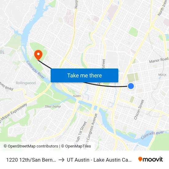 1220 12th/San Bernard to UT Austin - Lake Austin Campus map
