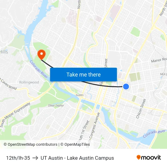 12th/Ih-35 to UT Austin - Lake Austin Campus map