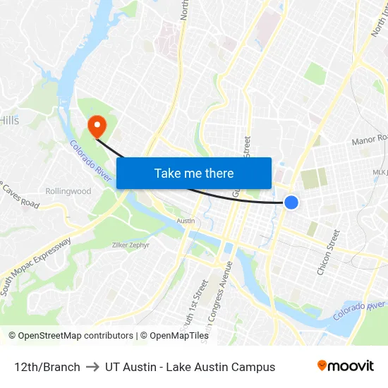 12th/Branch to UT Austin - Lake Austin Campus map
