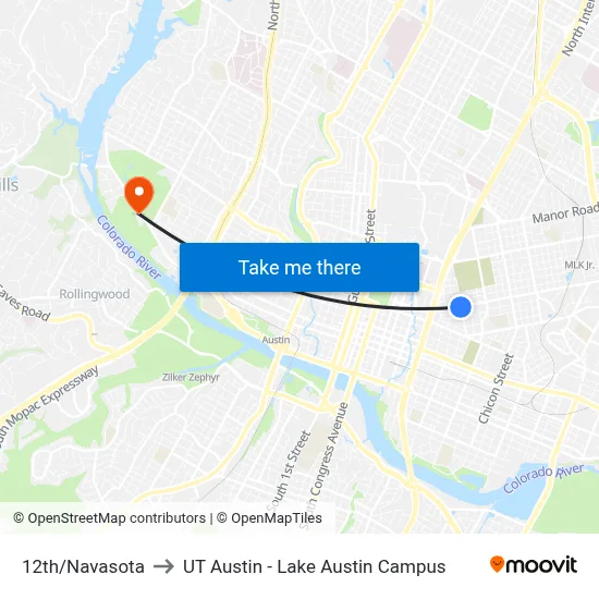 12th/Navasota to UT Austin - Lake Austin Campus map