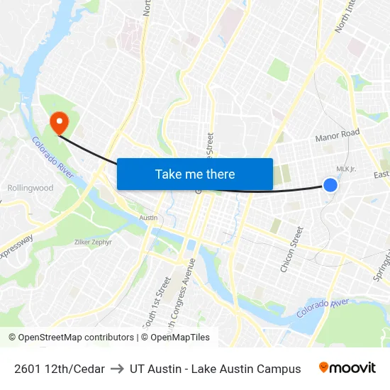 2601 12th/Cedar to UT Austin - Lake Austin Campus map