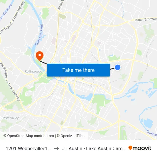 1201 Webberville/12th to UT Austin - Lake Austin Campus map
