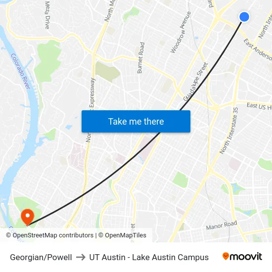 Georgian/Powell to UT Austin - Lake Austin Campus map