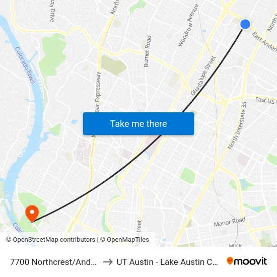 7700 Northcrest/Anderson to UT Austin - Lake Austin Campus map