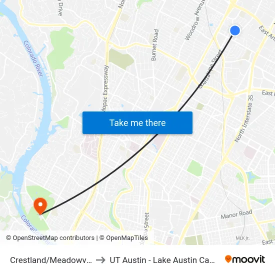 Crestland/Meadowview to UT Austin - Lake Austin Campus map