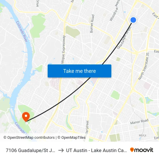 7106 Guadalupe/St Johns to UT Austin - Lake Austin Campus map