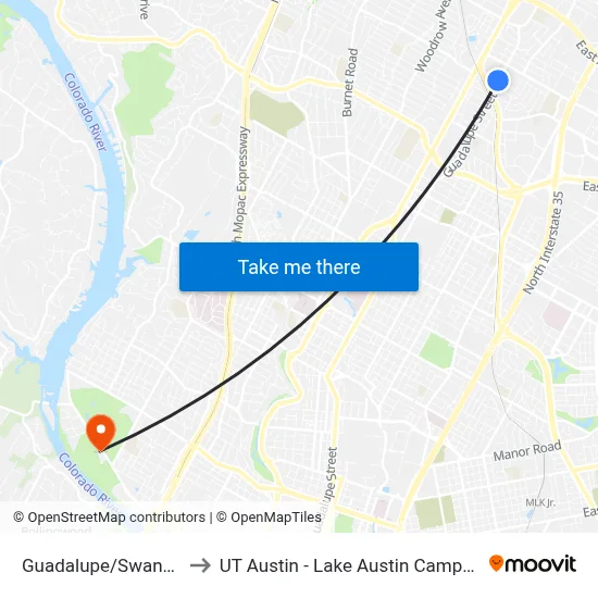 Guadalupe/Swanee to UT Austin - Lake Austin Campus map