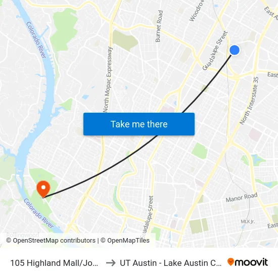 105 Highland Mall/Jonathan to UT Austin - Lake Austin Campus map