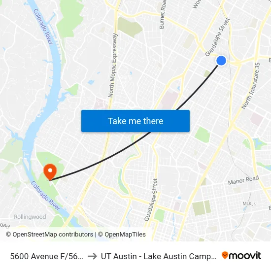 5600 Avenue F/56th to UT Austin - Lake Austin Campus map