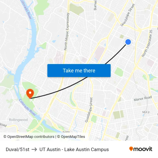 Duval/51st to UT Austin - Lake Austin Campus map