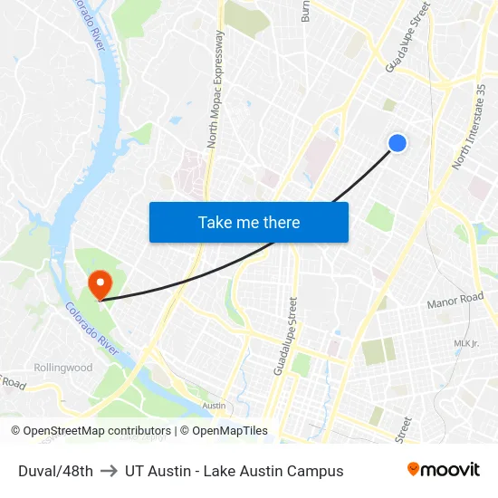 Duval/48th to UT Austin - Lake Austin Campus map