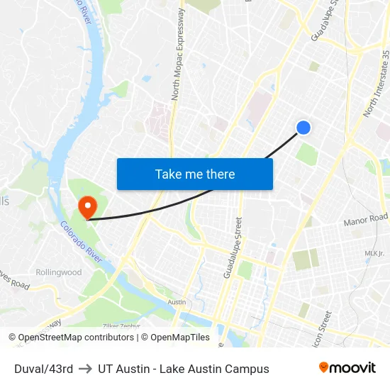 Duval/43rd to UT Austin - Lake Austin Campus map
