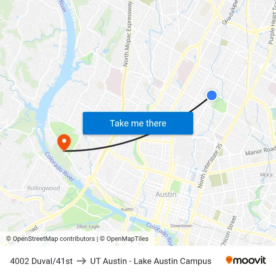 4002 Duval/41st to UT Austin - Lake Austin Campus map