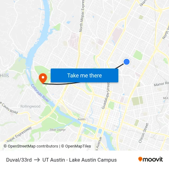 Duval/33rd to UT Austin - Lake Austin Campus map