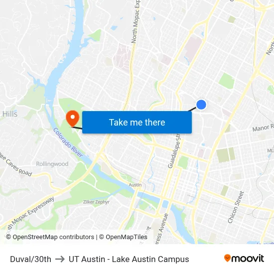 Duval/30th to UT Austin - Lake Austin Campus map