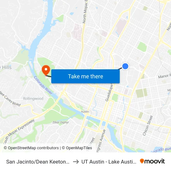 San Jacinto/Dean Keeton NW Corner to UT Austin - Lake Austin Campus map