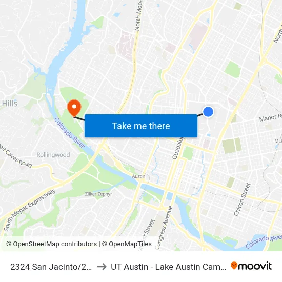 2324 San Jacinto/24th to UT Austin - Lake Austin Campus map