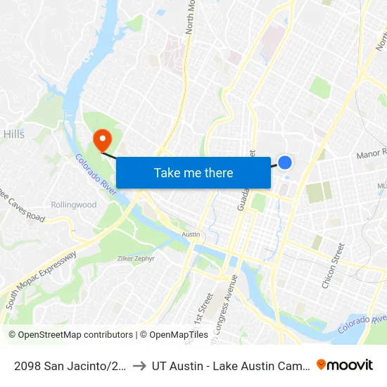 2098 San Jacinto/21st to UT Austin - Lake Austin Campus map