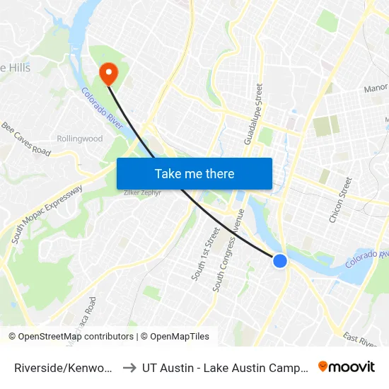 Riverside/Kenwood to UT Austin - Lake Austin Campus map