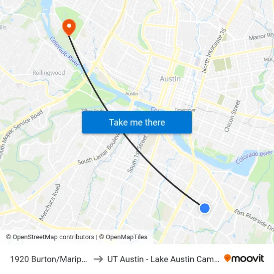 1920 Burton/Mariposa to UT Austin - Lake Austin Campus map
