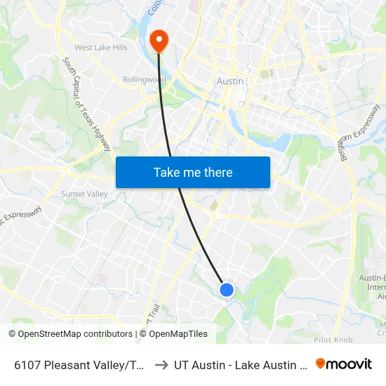 6107 Pleasant Valley/Turnstone to UT Austin - Lake Austin Campus map