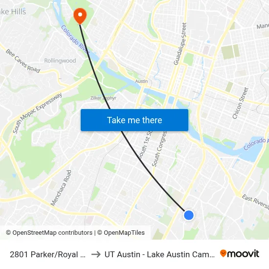 2801 Parker/Royal Hill to UT Austin - Lake Austin Campus map