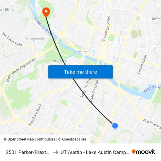 2501 Parker/Braxton to UT Austin - Lake Austin Campus map