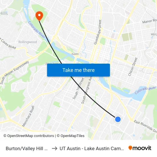 Burton/Valley Hill Cir. to UT Austin - Lake Austin Campus map