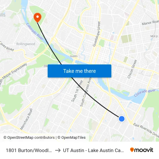 1801 Burton/Woodland to UT Austin - Lake Austin Campus map
