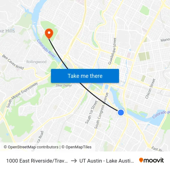1000 East Riverside/Travis Heights to UT Austin - Lake Austin Campus map