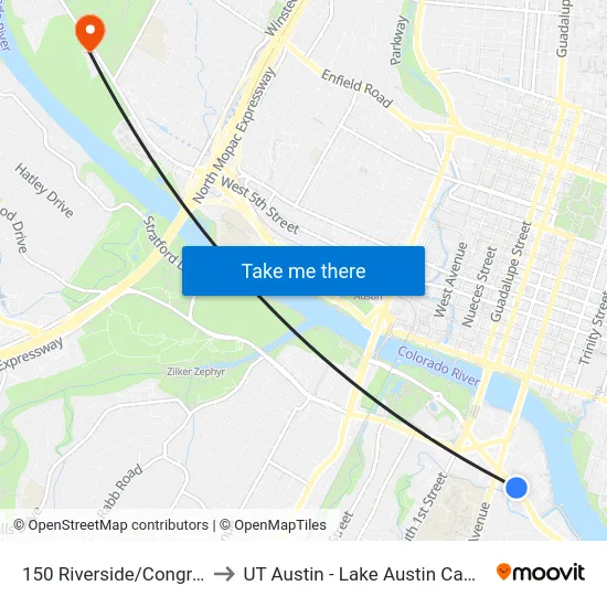 150 Riverside/Congress to UT Austin - Lake Austin Campus map