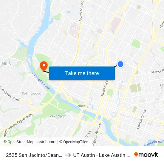 2525 San Jacinto/Dean Keeton to UT Austin - Lake Austin Campus map