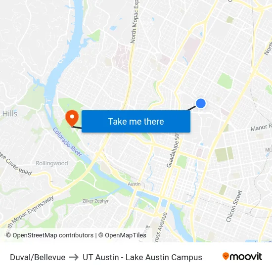 Duval/Bellevue to UT Austin - Lake Austin Campus map