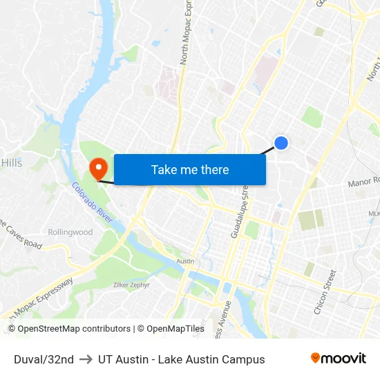 Duval/32nd to UT Austin - Lake Austin Campus map