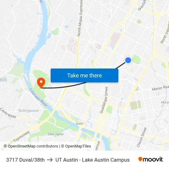 3717 Duval/38th to UT Austin - Lake Austin Campus map