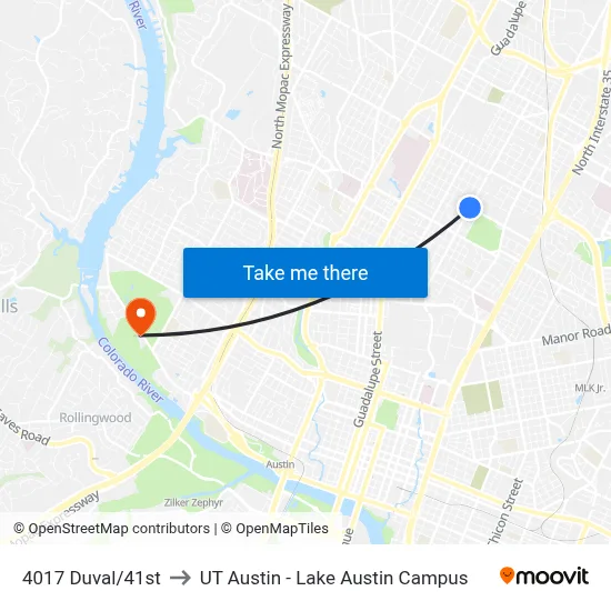 4017 Duval/41st to UT Austin - Lake Austin Campus map