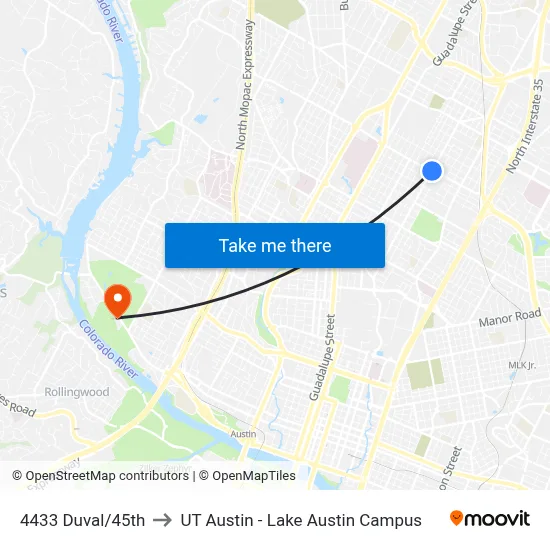 4433 Duval/45th to UT Austin - Lake Austin Campus map