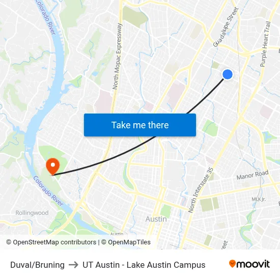 Duval/Bruning to UT Austin - Lake Austin Campus map