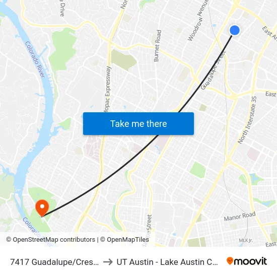 7417 Guadalupe/Crestland to UT Austin - Lake Austin Campus map