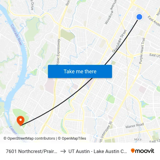 7601 Northcrest/Prairie Dell to UT Austin - Lake Austin Campus map