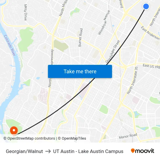 Georgian/Walnut to UT Austin - Lake Austin Campus map