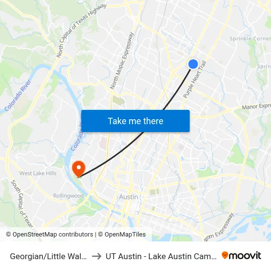 Georgian/Little Walnut to UT Austin - Lake Austin Campus map