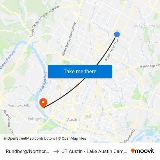 Rundberg/Northcreek to UT Austin - Lake Austin Campus map