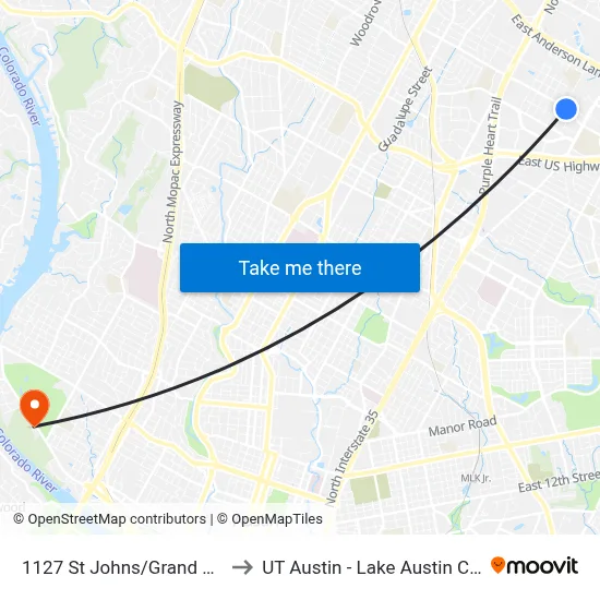 1127 St Johns/Grand Canyon to UT Austin - Lake Austin Campus map