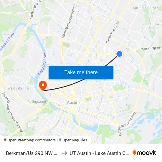 Berkman/Us 290 NW Corner to UT Austin - Lake Austin Campus map