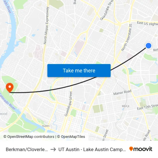 Berkman/Cloverleaf to UT Austin - Lake Austin Campus map