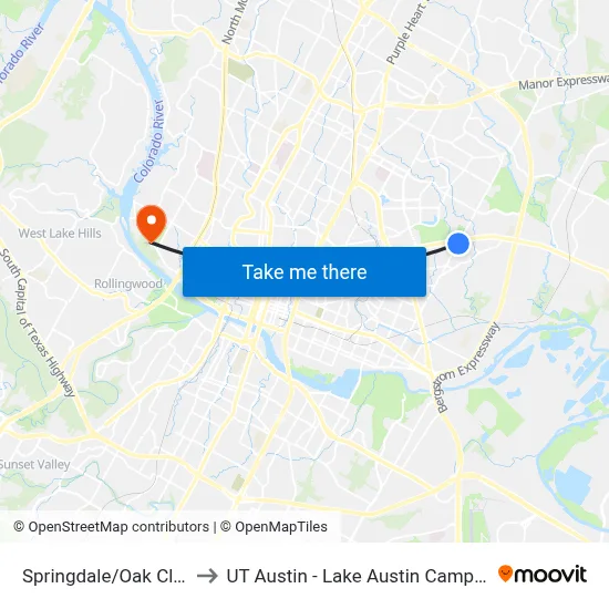 Springdale/Oak Cliff to UT Austin - Lake Austin Campus map