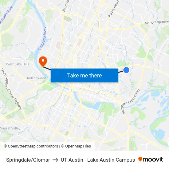 Springdale/Glomar to UT Austin - Lake Austin Campus map